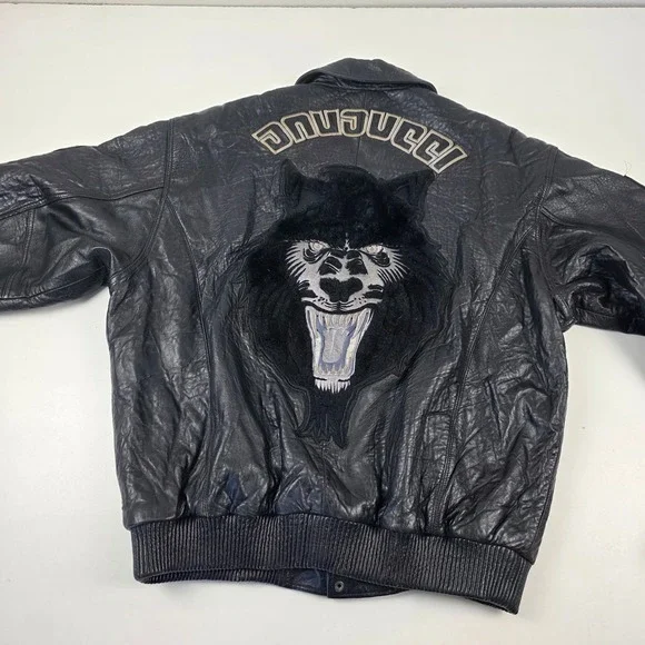 VTG DAVNUCCI Mens Black Genuine Leather Bomber Jacket PatchesXL Can fit 2XL